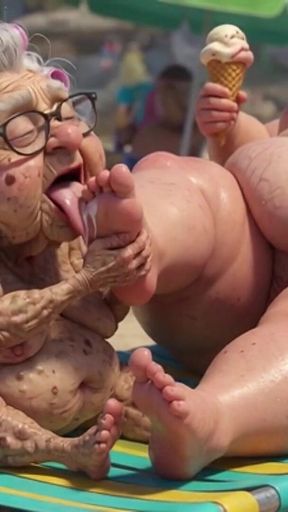 Elderly Granny Passionately Sucking BBW Feet on the Beach