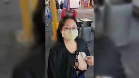 Lustful Asian girl showed boobs in a crowded place in honor of the celebration of Halloween.
