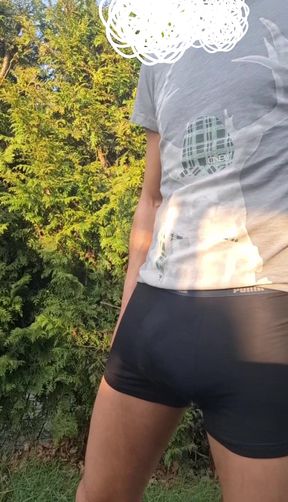 Skinny boy plays with his morningwood in the sun and pisses a Huge fountain of warm pee