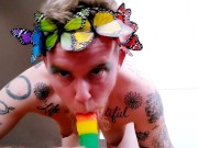 Queer Trans Boy Flowers In His Beard Gives POV Blowjob Frontage Masturbates Big Clit