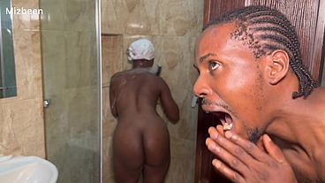 Ebony receives blow job after caught piping