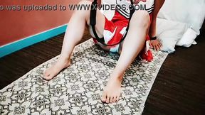 Married woman in a cheerleader costume gets naughty during exercise
