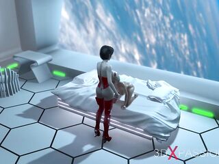 Hot female sci-fi android screwing a sexy concupiscent angel in the space station