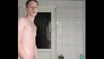 Skinny guy shows naked body before shower