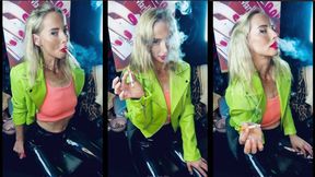 Blonde Leather Goddess Chain smokes 1 marlboro 100 & 1 marlboro speed