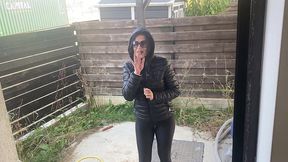 public tease in torn leggings – blowjob & doggy with double cum on my black downjacket