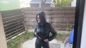 public tease in torn leggings – blowjob & doggy with double cum on my black downjacket