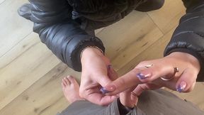 public tease in torn leggings – blowjob & doggy with double cum on my black downjacket