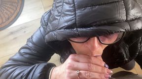 public tease in torn leggings – blowjob & doggy with double cum on my black downjacket