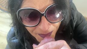 public tease in torn leggings – blowjob & doggy with double cum on my black downjacket