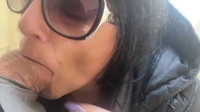 public tease in torn leggings – blowjob & doggy with double cum on my black downjacket