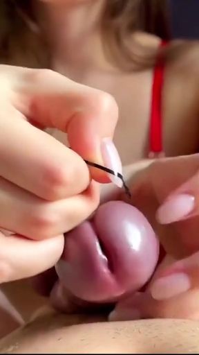 Looking at her tits, his tied up dick cums hands-free   Clip 2