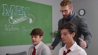 Handsome lad is watching the two coeds suck and fuck