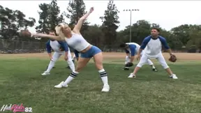 Tight blonde woman with long fingernails gangbanged by many cocks