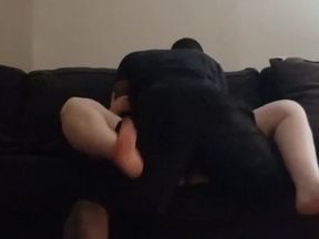 Amateur BBW Footjob and Interracial Quickie on Couch
