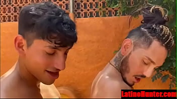 Rugged lean hairy Latin men fucking raw outdoors