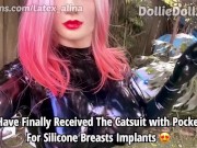 Wearing Latex Catsuit with Silicone Breasts Implants For the First Time