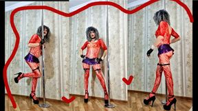 horny Sissy bitch tries on a new red bodysuit in front of the camera in high heels