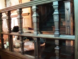 Masked large boobed wench in nylons rides a admirable rod on the stairs