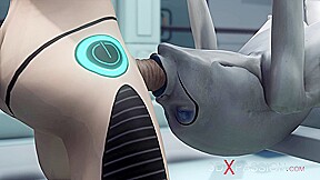 Alien lesbian sex in sci-fi lab. Female android plays with an alien