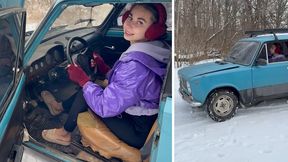 Nastya revs hard in flip flops then practices snow burnouts 4K