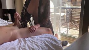 Called a gorgeous escort babe to my hotel room (handjob, reverse cowgirl)
