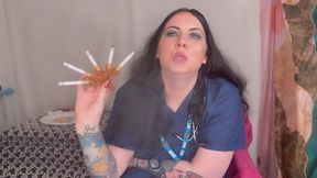 Nurse FFW smokes a fiveway cigarette holder & has coughing fits