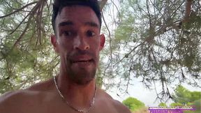 Hispanic stud flaunts big uncut cock in public