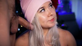 Beautiful blonde looks cute while trying to make her boyfriend's small cock hard