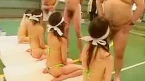 Japanese Babes Blindfolded, Lined Up to Suckle Hard Dicks
