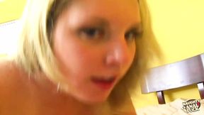Massive titted blonde babe spreads her juicy booty with joy for a deep ass pounding