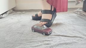 Giantess Jane vs VW Golf MK1 in Black wedges toy car crush ground view