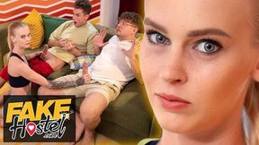 Fake Hostel - Teen Beauty Experiences First Threesome with Giant Dicks