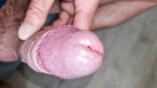 I have fun with moist penis head, precum close-up with ample pop-shot attempting not to jizm