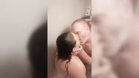 Wife gives best blowjob in a tiny shower