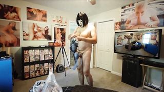 Enormous juicy faux bumpers crossdresser attempting on a shipment of womens clothes uncircumcised rod wank off