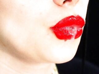Red lips and a games with liquids and saliva! Milk and coffee! 4K -NO AUDIO-