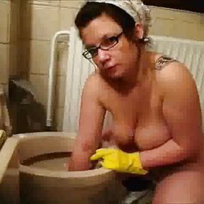 Cleaning lady wants a raise, so she cleans naked