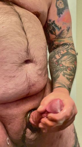 Sexy Tattooed Hairy Chubby Bear Cumming with a Cock Ring
