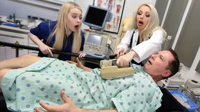 Blonde babe doctors' delight: two nurses, faces plastered with semen, no resistance.