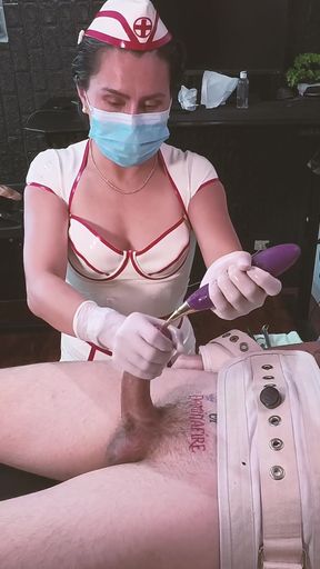 Latex Nurse Dominafire Sounds &amp; Milks Bound Slave in Segufix