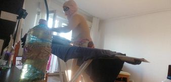 Amateur wife doing housework naked. Sexy and naughty wife trying on clothes that she cuts.