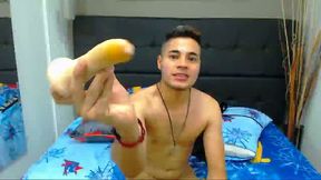 Latino Fucks Himself with Giant Dildo on Bed and Attached on Mirror