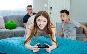 Skinny babe fucks two nerds in one fell swoop