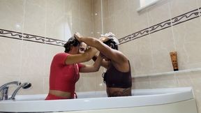 Wash each other hair and dunk! Sport outfit!