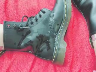 Girlfriend gets fanal invasioned in many positions wearing doc martens and Boyfriend cums on her boots