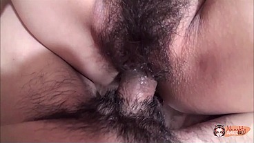 Long hair brunette masturbates with a vibrator then gets two fingers and creampie in her