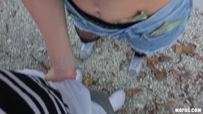 Petite Anya Olsen shows off big cock in public