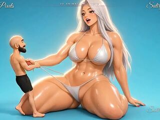 Small Stud Pulls the Bikini String of a Kneeling Comics Giantess and Dives Into Her Stomach