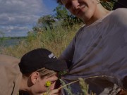 Summer fun of two young guys. Sucking by the sea